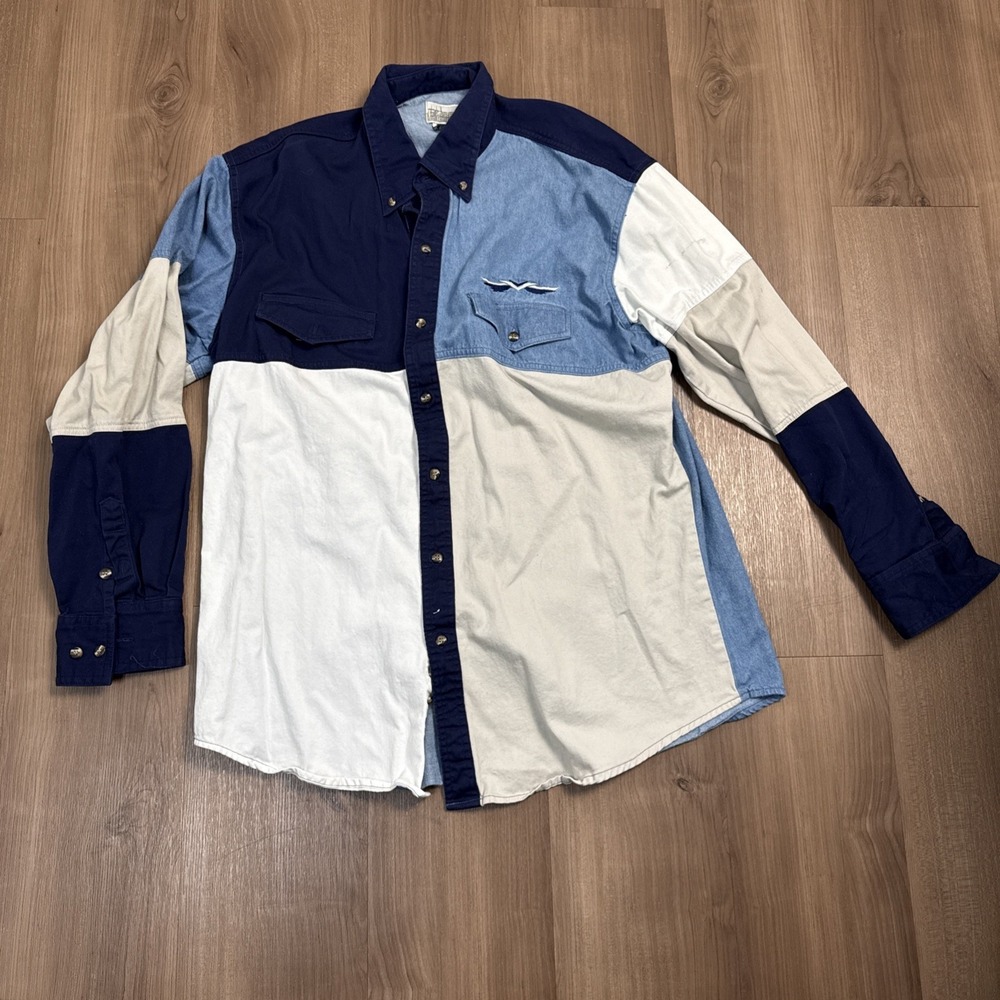 Express Riders Western Shirt Mens Large Colorblock Denim Button Down Long Sleeve